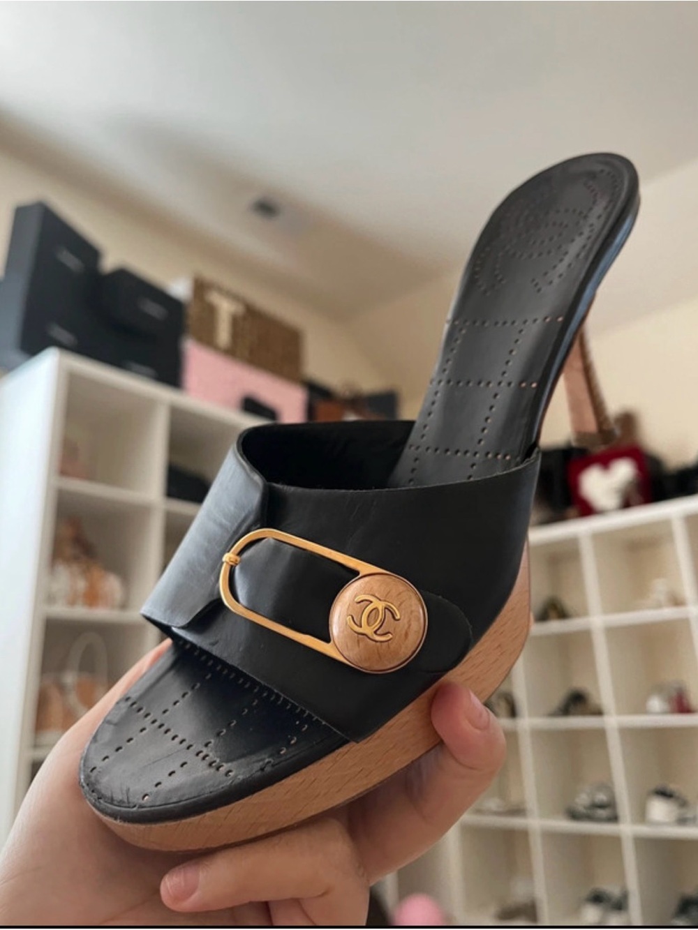 CHANEL Black Leather Slide Mules with Gold CC Buckle